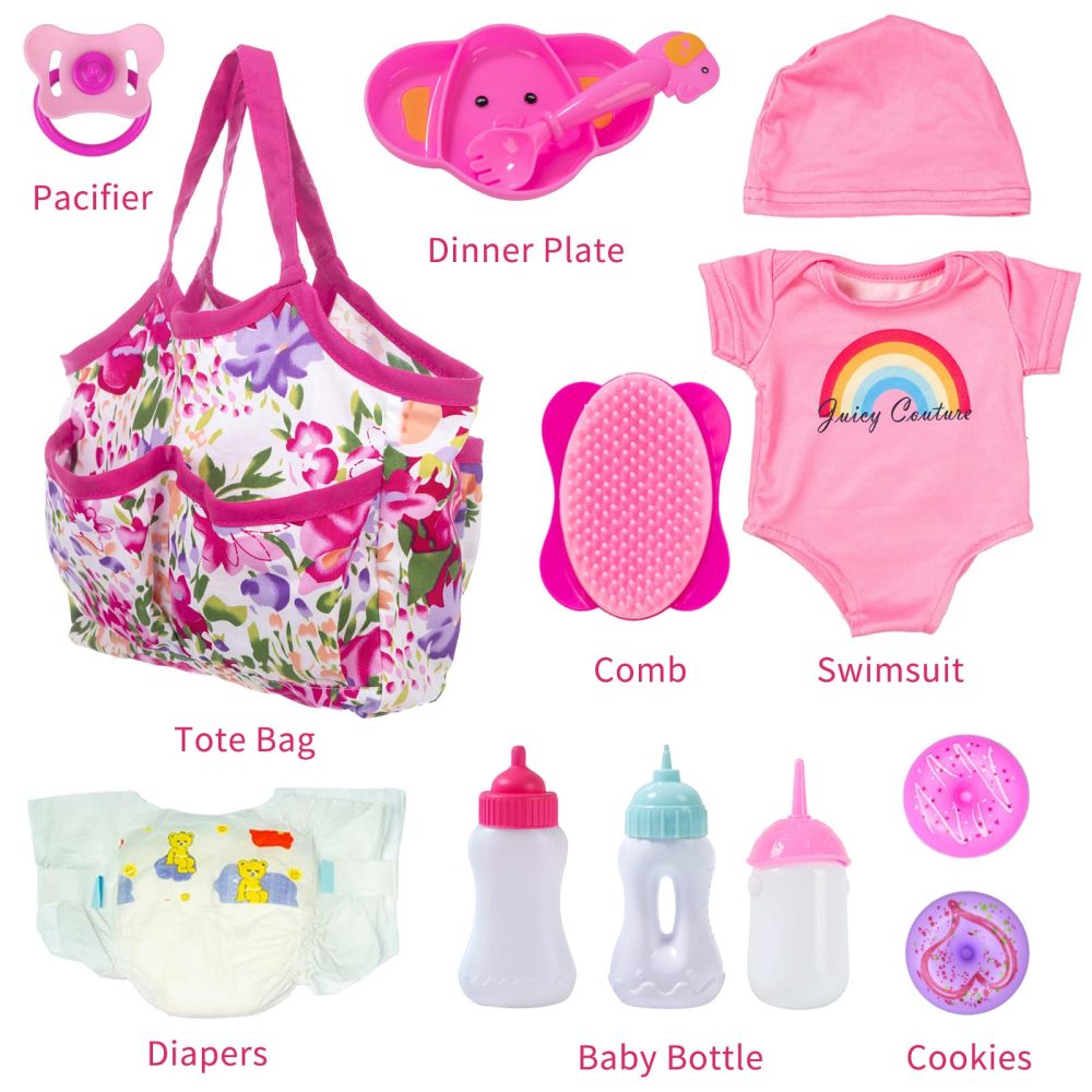 13 Piece Baby Doll Accessories Baby Doll Feeding and Caring Set includes Diaper Bag Clothes Doll Diapers Baby Bottles Dinner Plate Pacifier Comb Babies Pretend Play Set for Toddlers Kids