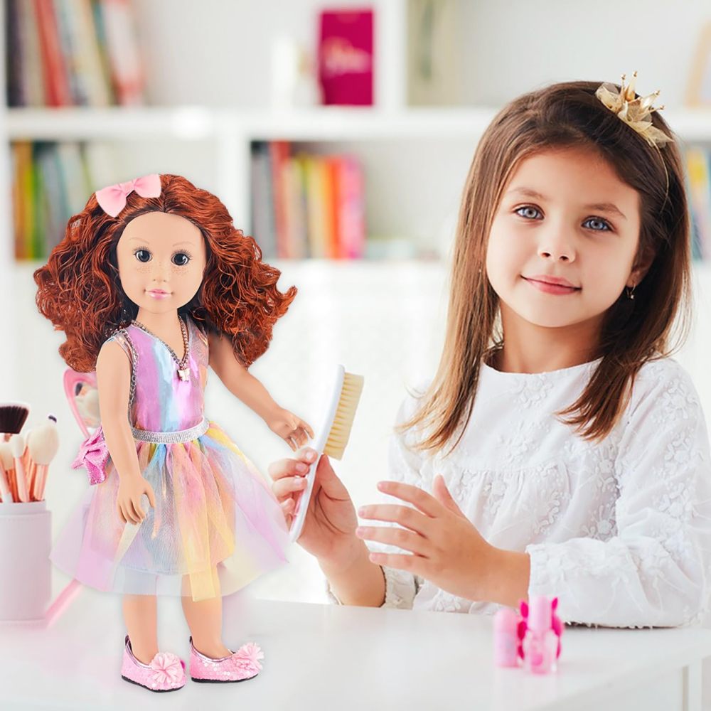 18 Inch American Doll with Doll Clothes and Accessories Including 18 Inch Doll Rainbow Dress Bow Bag Shoes Hairpin Necklace for Kids