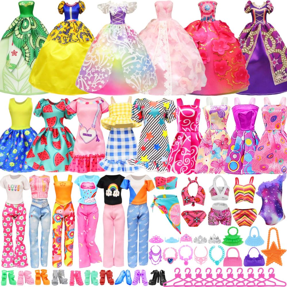 48 pcs Doll Clothes and Accessories for 11.5 Inch Doll - 2 Princess Dresses 7 Fashion Dresses 2 Outfits 2 Swimsuits 10 Shoes 5 Crowns 5 Necklaces 5 Handbags 10 Hangers Accessories Girls Gift