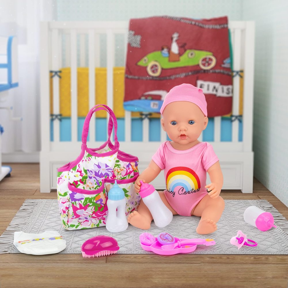 13 Piece Baby Doll Accessories Baby Doll Feeding and Caring Set includes Diaper Bag Clothes Doll Diapers Baby Bottles Dinner Plate Pacifier Comb Babies Pretend Play Set for Toddlers Kids