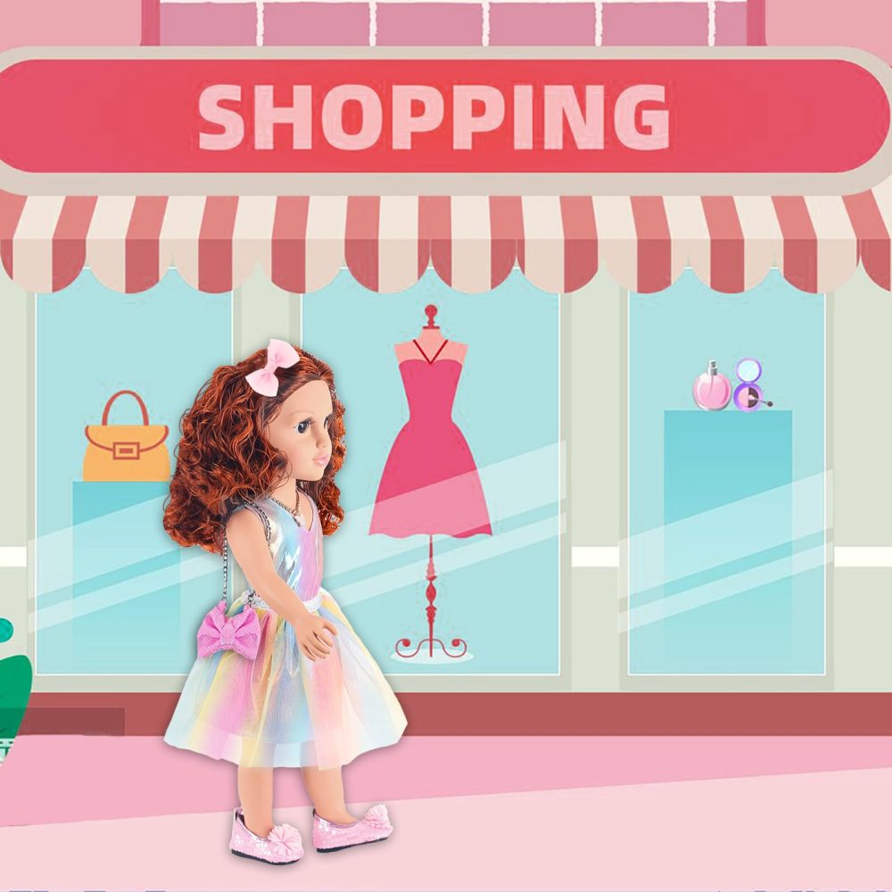 18 Inch American Doll with Doll Clothes and Accessories Including 18 Inch Doll Rainbow Dress Bow Bag Shoes Hairpin Necklace for Kids