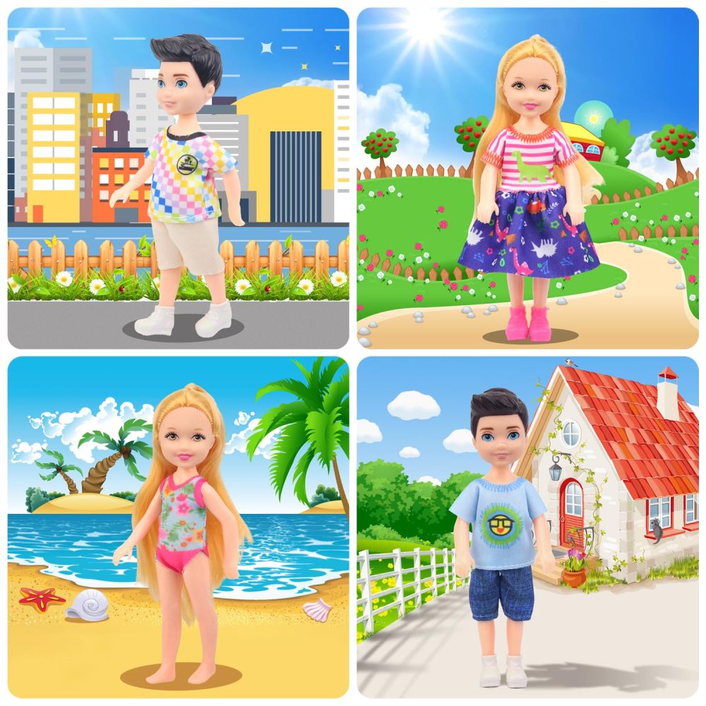 13 Pcs 5.3 Inch - 6 Inch Doll Clothes and Accessories includes 2 Dress, 2 Outfits, 2 Swimsuits, 2 Shoes, 1 Skateboard, 2 Glasses and 2 Bags for 5.3 Inch Girl Boy Doll