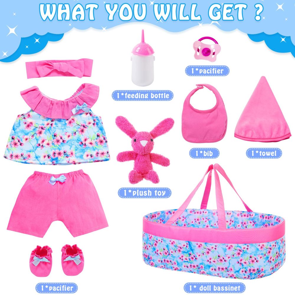 10 Pcs Baby Doll Clothes with Bassinet for 17-22 Inch Baby Dolls, Baby Doll Clothing Outfis Accessories fit 17"-22" Baby Doll Reborn Doll