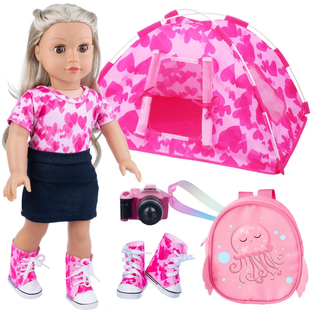 6 Pcs 18 Inch Doll Camping Tent Set and Accessories Including 18 Inch Doll Tent, Doll Backpack, Toy Camera and Doll clothes and Doll Shoes Fits My Life, Generation, Journey 18 Inch Dolls