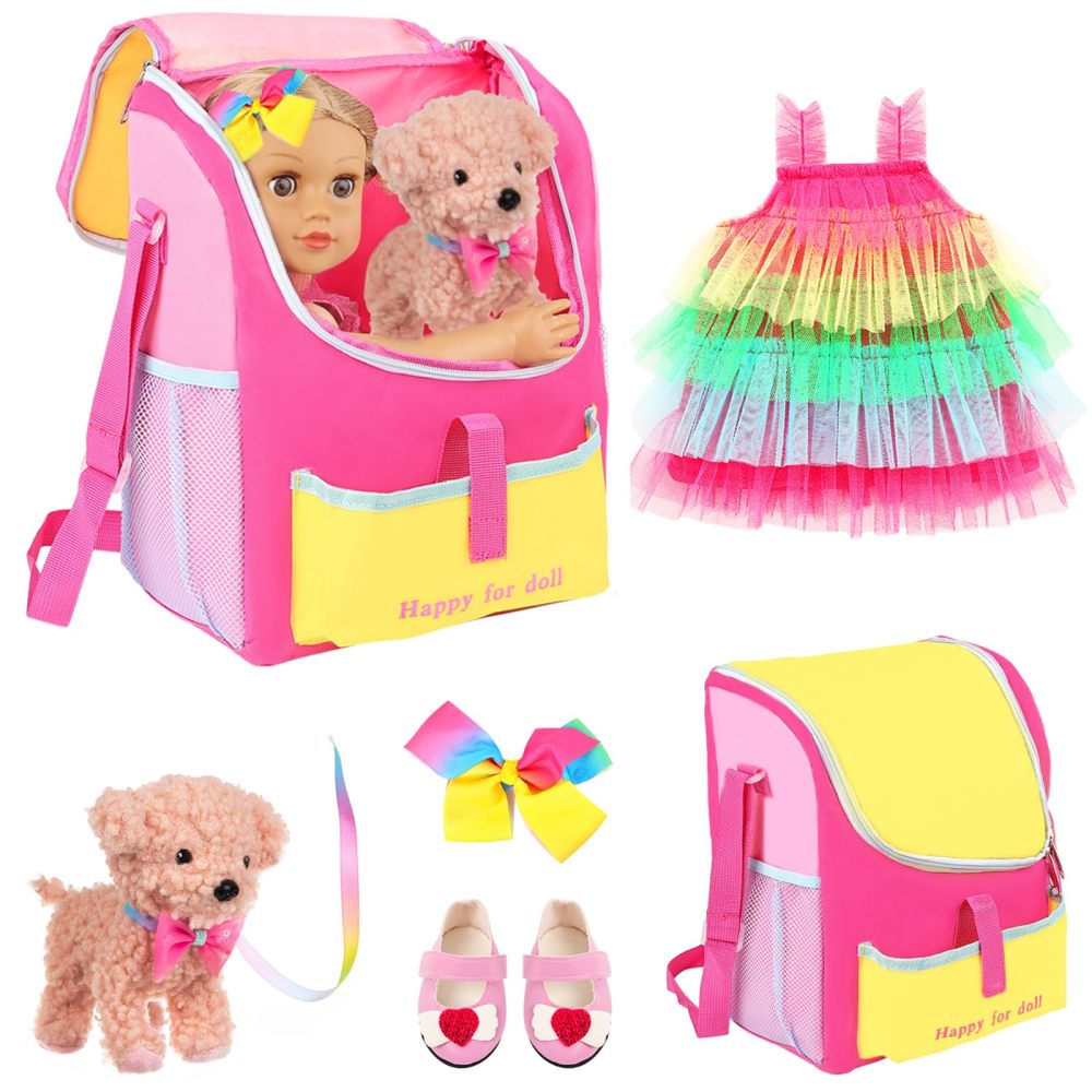 5 Items 18 inch Dolls Bag Carrier Set and Accessories Including 18 Inch Doll Clothes, Shoes, Hairband, Doll Backpack and Toy Dog(NO Doll)