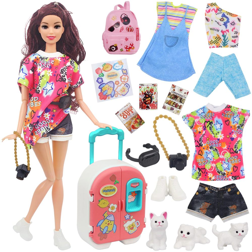 16 Pcs Doll Clothes and Accessories for 11.5 Inch Girl Dolls, Fashion Travel Suitcase Set Including Blue Jean Skirts, Bags, Food Magazines etc (Style B)