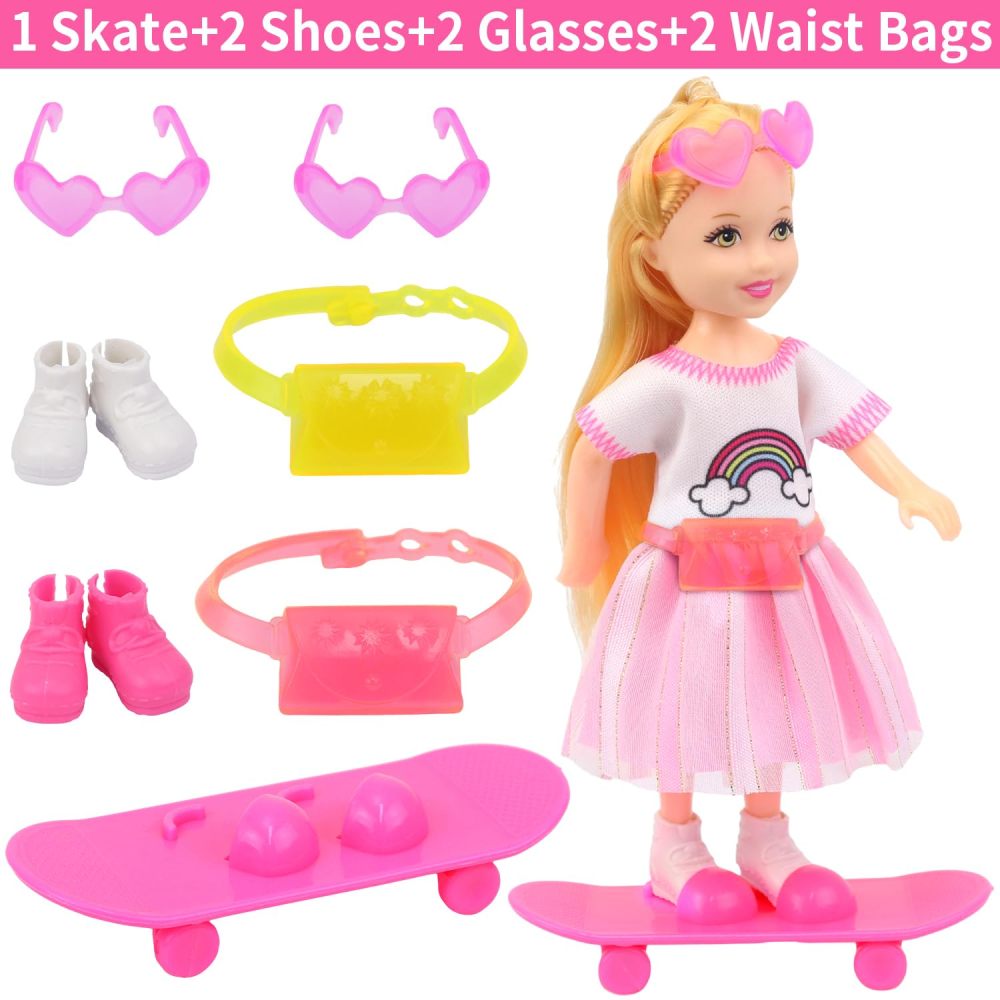 13 Pcs 5.3 Inch - 6 Inch Doll Clothes and Accessories includes 2 Dress, 2 Outfits, 2 Swimsuits, 2 Shoes, 1 Skateboard, 2 Glasses and 2 Bags for 5.3 Inch Girl Boy Doll