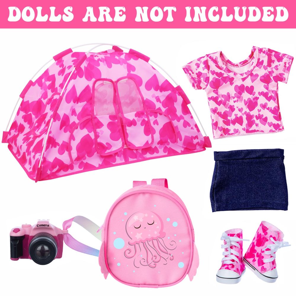 6 Pcs 18 Inch Doll Camping Tent Set and Accessories Including 18 Inch Doll Tent, Doll Backpack, Toy Camera and Doll clothes and Doll Shoes Fits My Life, Generation, Journey 18 Inch Dolls