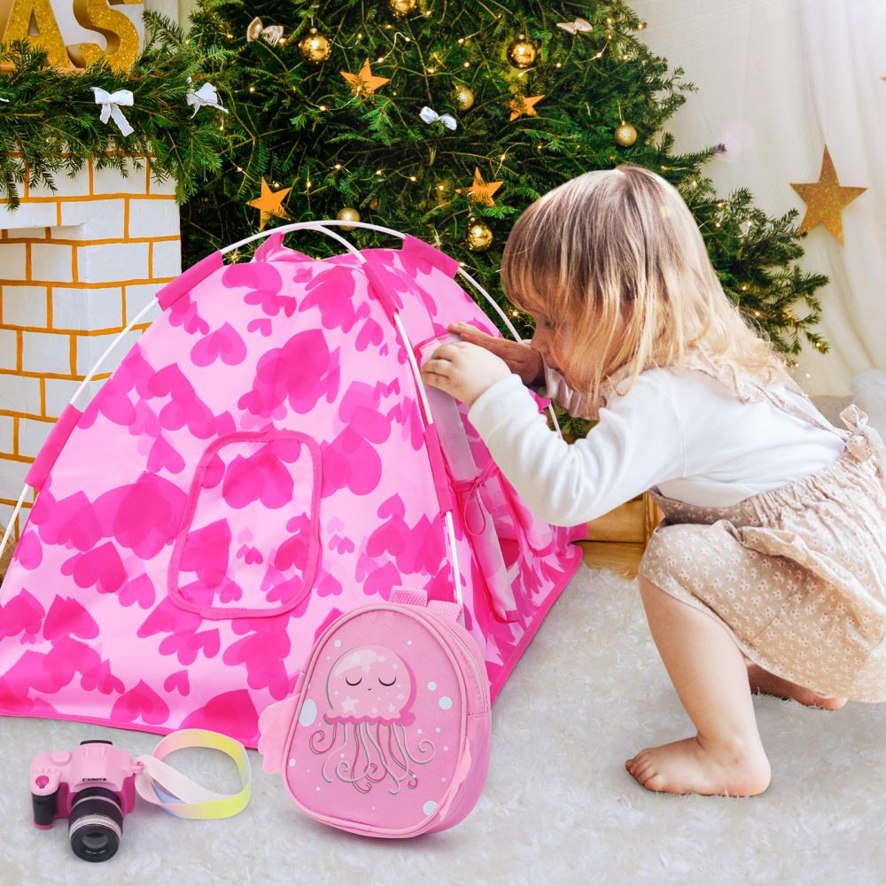 6 Pcs 18 Inch Doll Camping Tent Set and Accessories Including 18 Inch Doll Tent, Doll Backpack, Toy Camera and Doll clothes and Doll Shoes Fits My Life, Generation, Journey 18 Inch Dolls