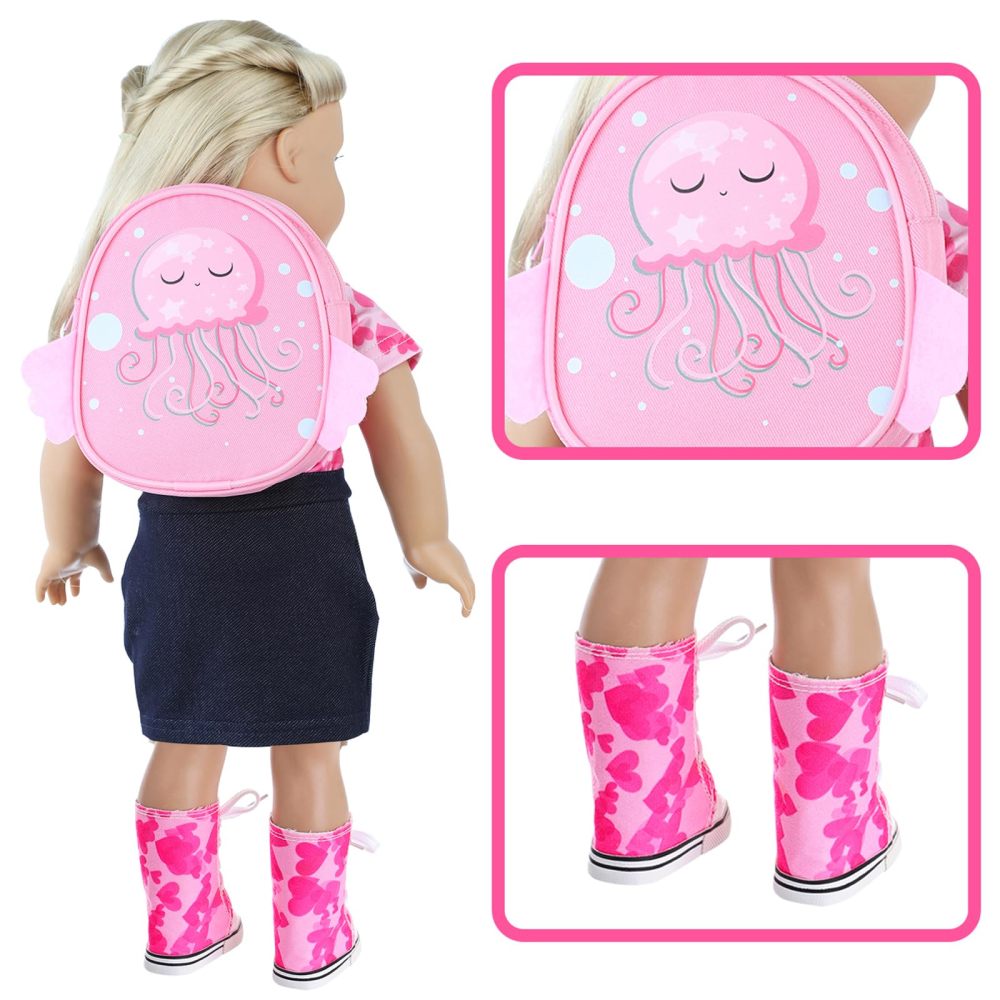 6 Pcs 18 Inch Doll Camping Tent Set and Accessories Including 18 Inch Doll Tent, Doll Backpack, Toy Camera and Doll clothes and Doll Shoes Fits My Life, Generation, Journey 18 Inch Dolls
