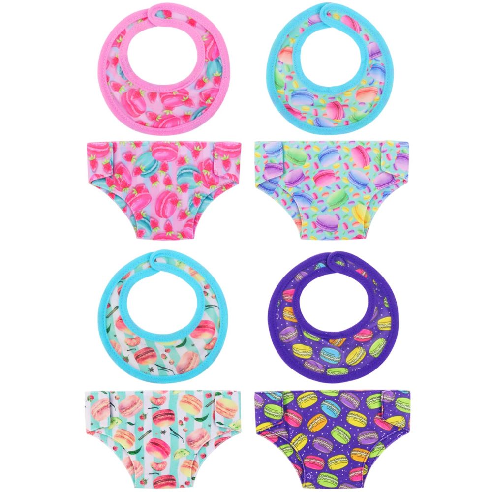 Baby Doll Underwears with Cartoon Macaron Pattern Suit for 14-18 inch Dolls Macaroon Series Diapers and Drool Wipes 4 Sets