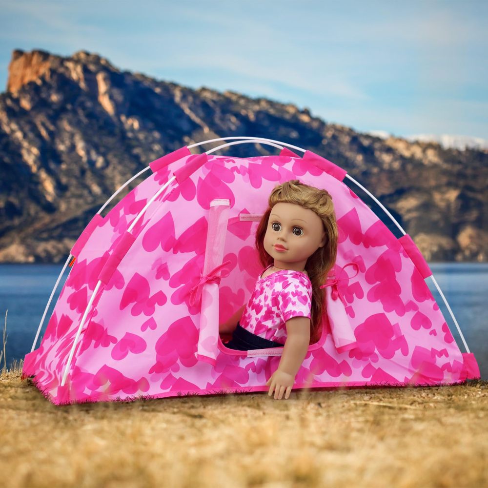 6 Pcs 18 Inch Doll Camping Tent Set and Accessories Including 18 Inch Doll Tent, Doll Backpack, Toy Camera and Doll clothes and Doll Shoes Fits My Life, Generation, Journey 18 Inch Dolls