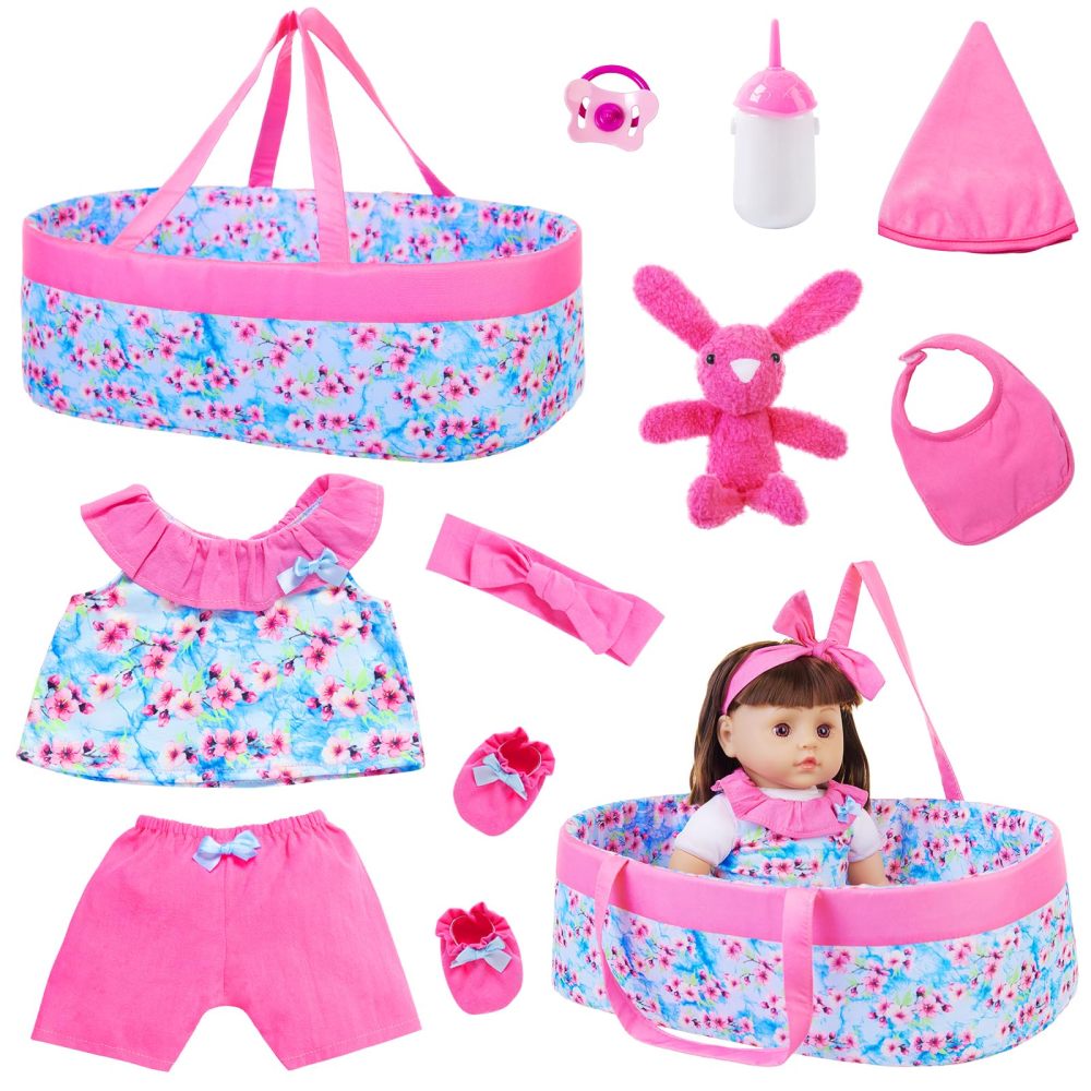 10 Pcs Baby Doll Clothes with Bassinet for 17-22 Inch Baby Dolls, Baby Doll Clothing Outfis Accessories fit 17"-22" Baby Doll Reborn Doll