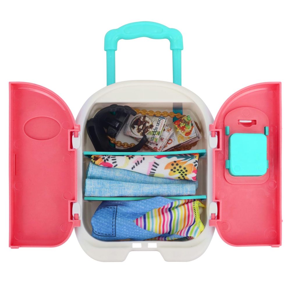 16 Pcs Doll Clothes and Accessories for 11.5 Inch Girl Dolls, Fashion Travel Suitcase Set Including Blue Jean Skirts, Bags, Food Magazines etc (Style B)
