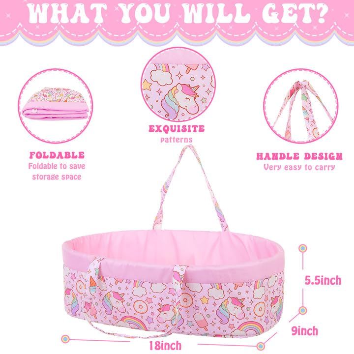 8 Pcs Baby Doll Clothes with Bassinet for 17-22 inch Baby Doll Reborn, Baby Doll Accessories Clothes Outfit Including Doll Nursing Bottle Bib Headband with Unicorn Pattern