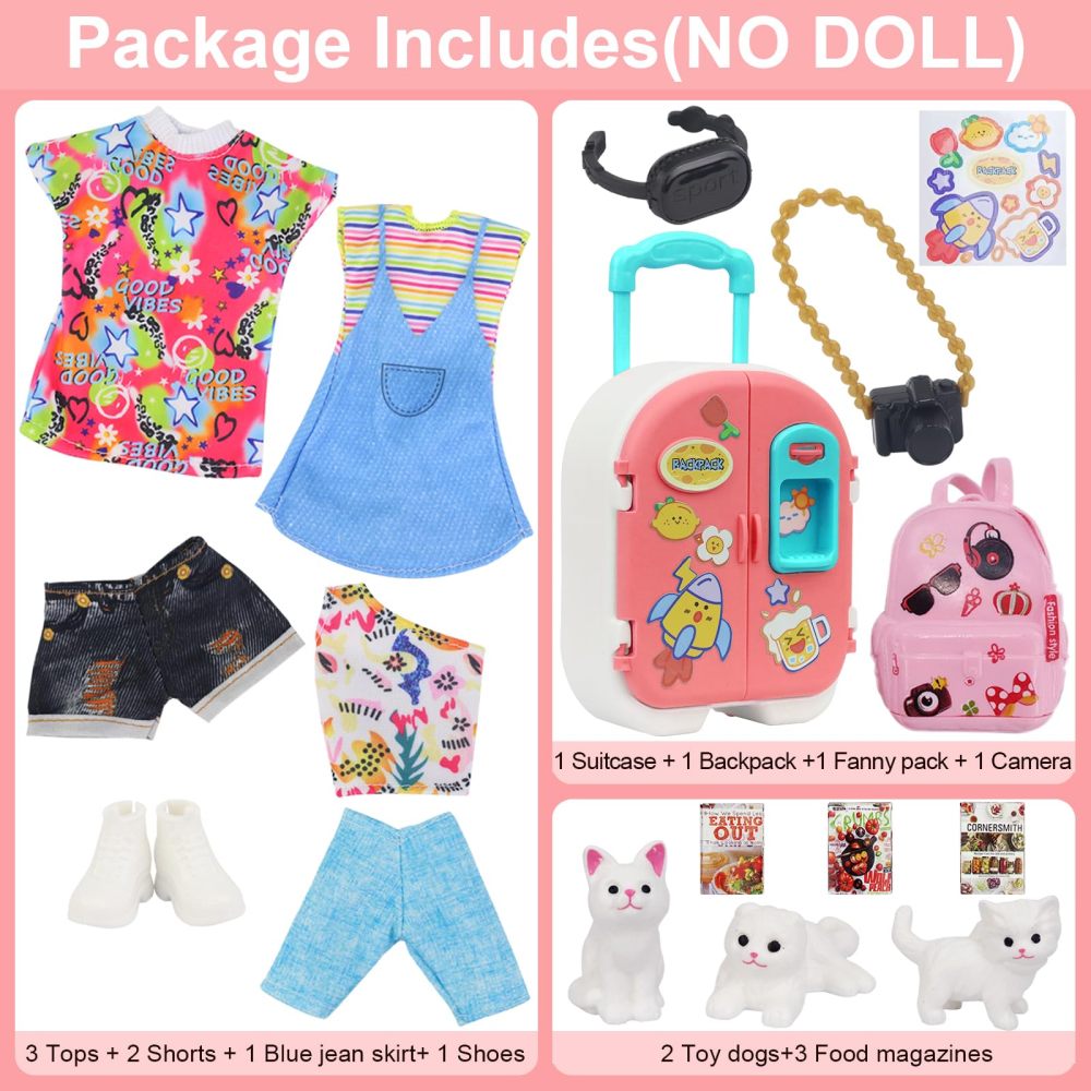 16 Pcs Doll Clothes and Accessories for 11.5 Inch Girl Dolls, Fashion Travel Suitcase Set Including Blue Jean Skirts, Bags, Food Magazines etc (Style B)