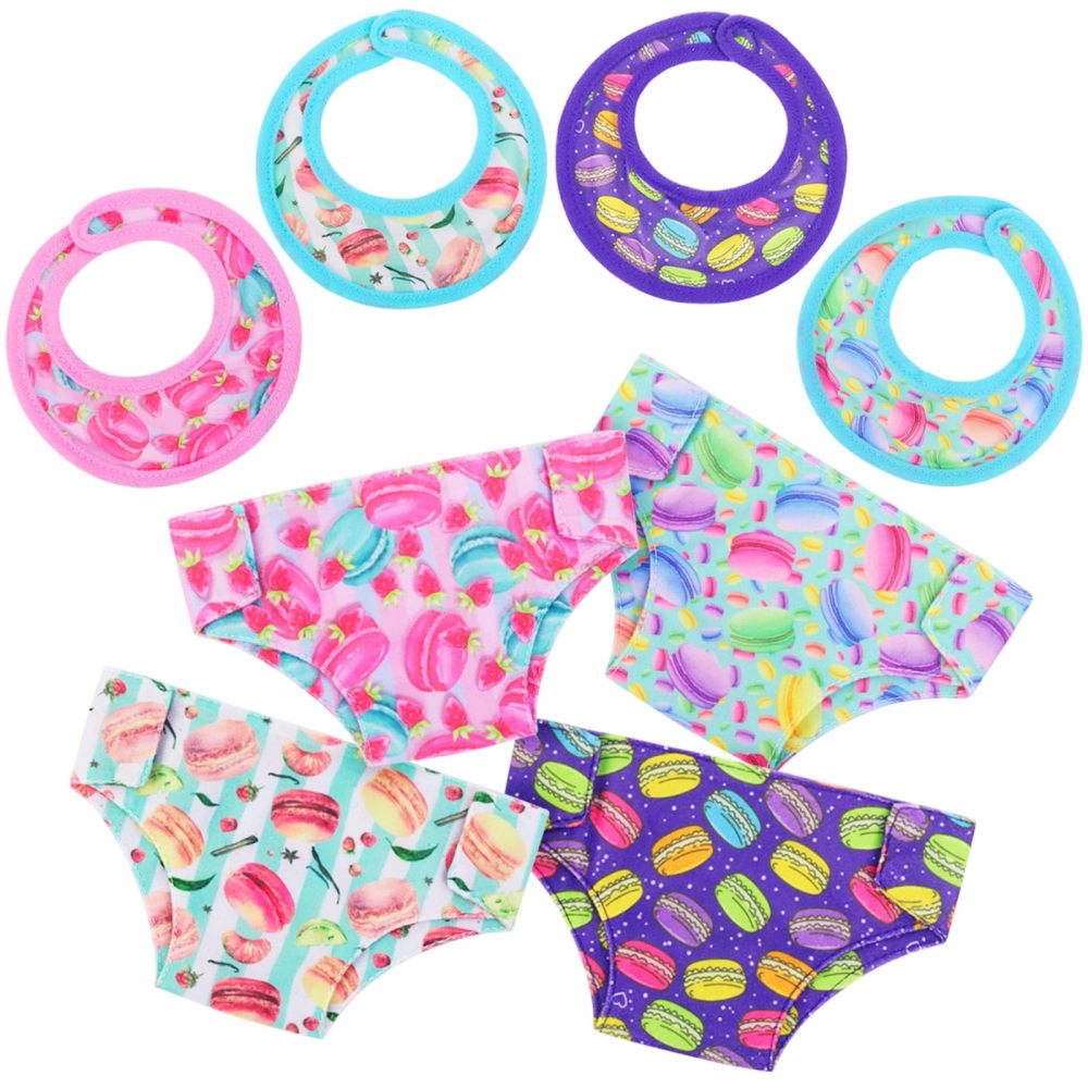 Baby Doll Underwears with Cartoon Macaron Pattern Suit for 14-18 inch Dolls Macaroon Series Diapers and Drool Wipes 4 Sets