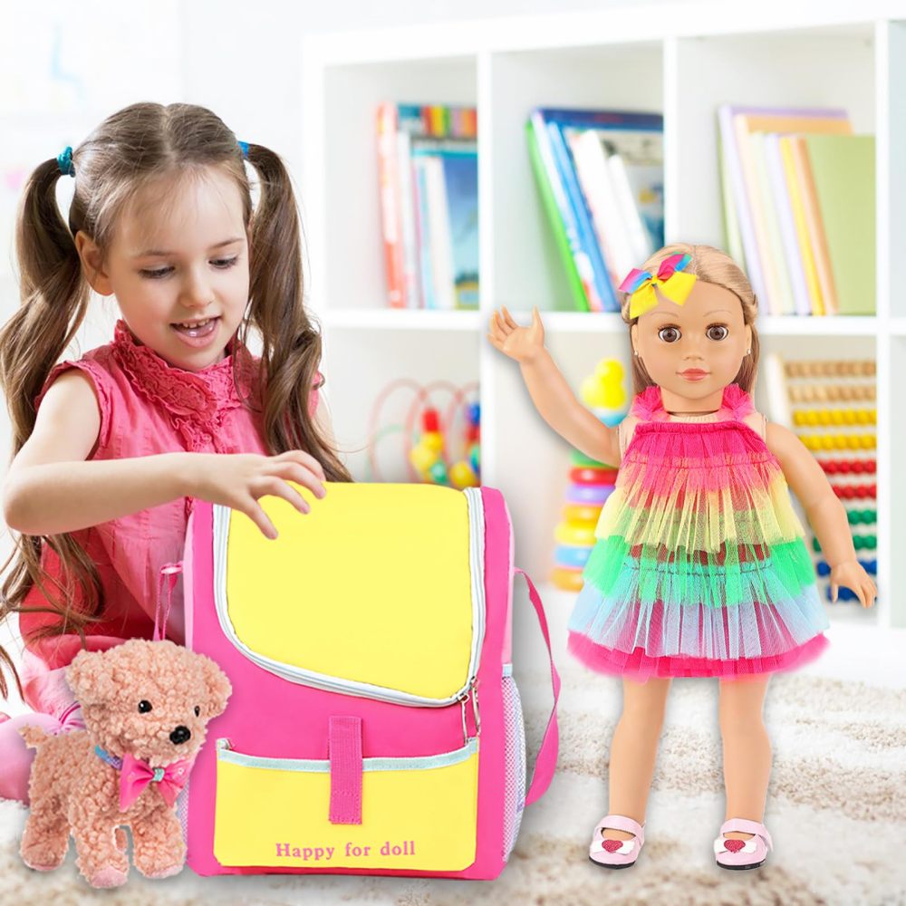 5 Items 18 inch Dolls Bag Carrier Set and Accessories Including 18 Inch Doll Clothes, Shoes, Hairband, Doll Backpack and Toy Dog(NO Doll)