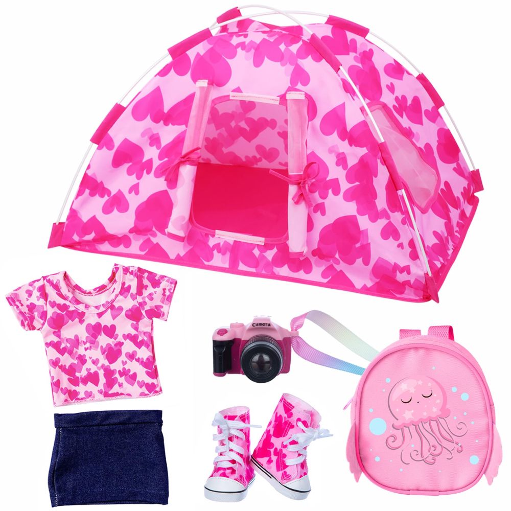 6 Pcs 18 Inch Doll Camping Tent Set and Accessories Including 18 Inch Doll Tent, Doll Backpack, Toy Camera and Doll clothes and Doll Shoes Fits My Life, Generation, Journey 18 Inch Dolls