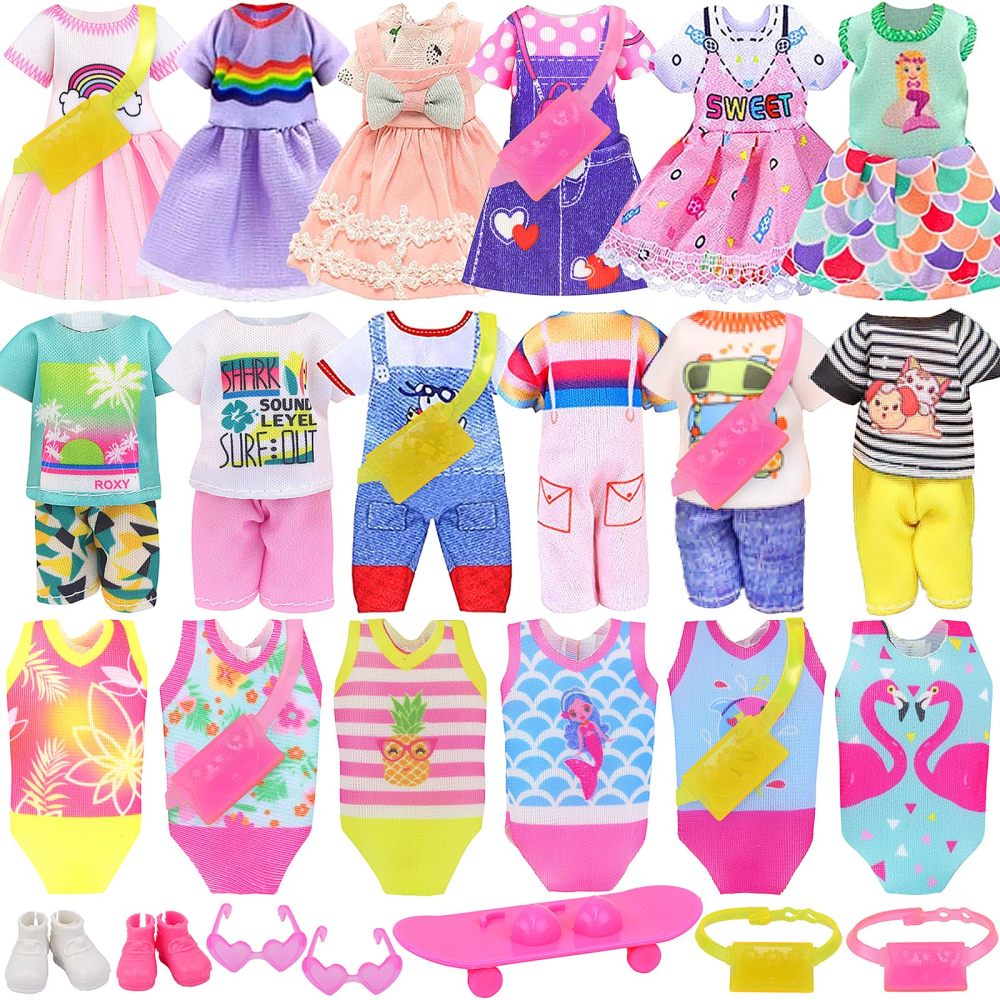 13 Pcs 5.3 Inch - 6 Inch Doll Clothes and Accessories includes 2 Dress, 2 Outfits, 2 Swimsuits, 2 Shoes, 1 Skateboard, 2 Glasses and 2 Bags for 5.3 Inch Girl Boy Doll