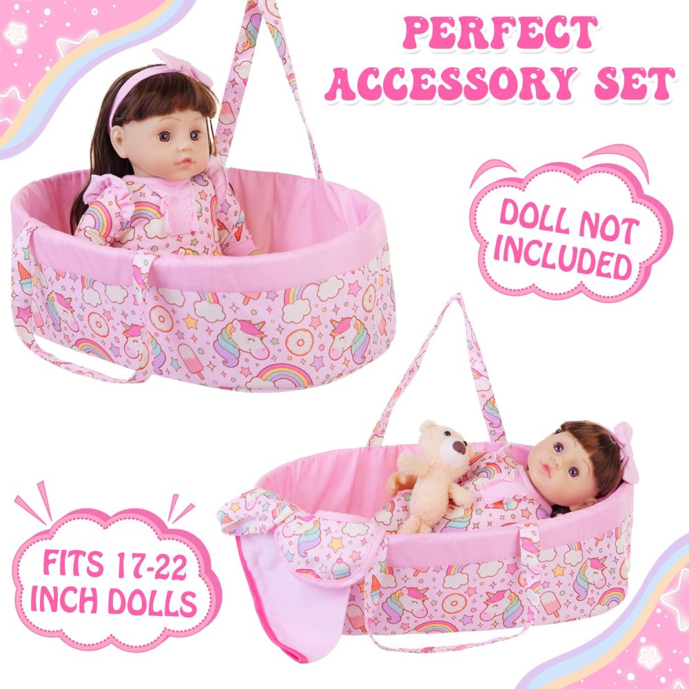 8 Pcs Baby Doll Clothes with Bassinet for 17-22 inch Baby Doll Reborn, Baby Doll Accessories Clothes Outfit Including Doll Nursing Bottle Bib Headband with Unicorn Pattern