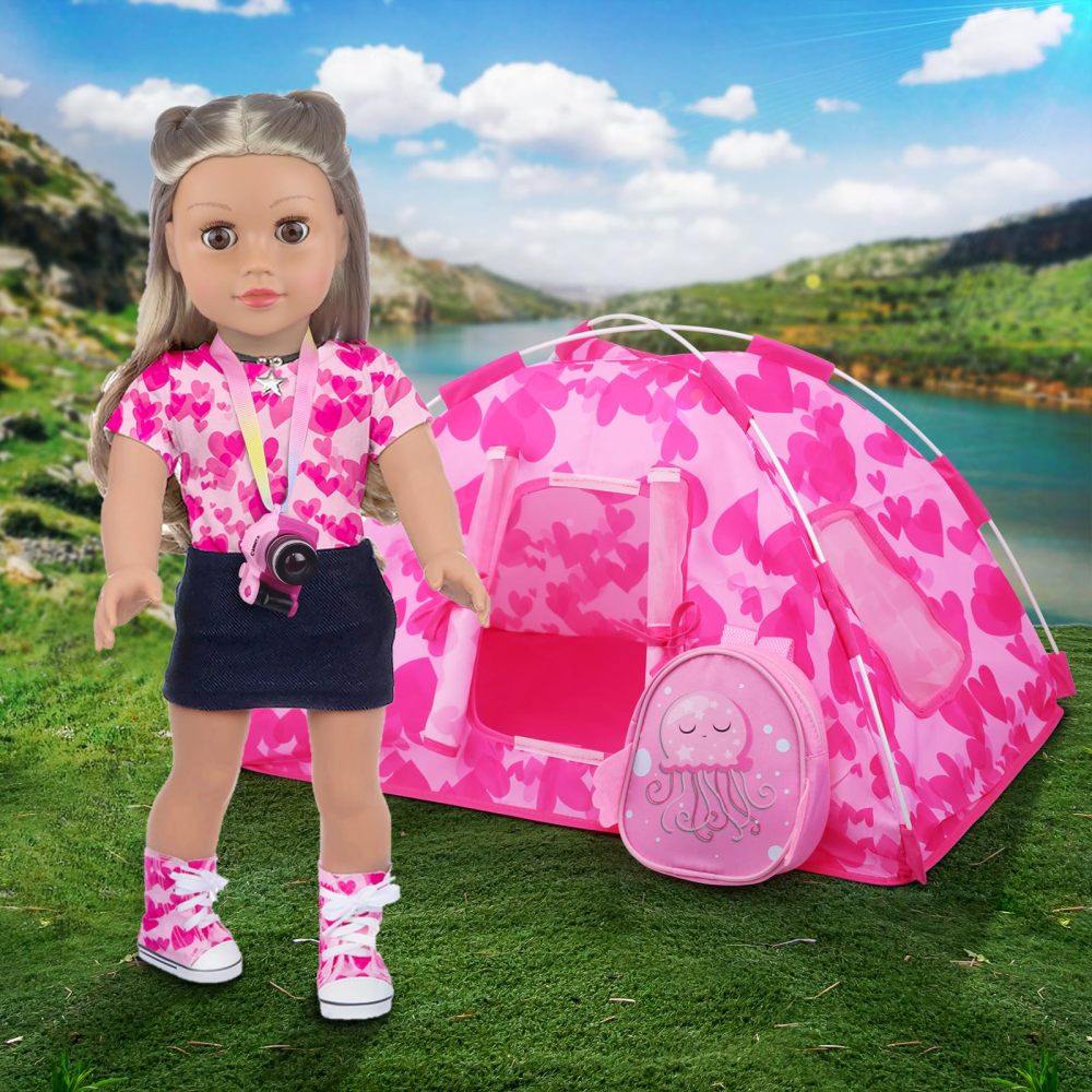 6 Pcs 18 Inch Doll Camping Tent Set and Accessories Including 18 Inch Doll Tent, Doll Backpack, Toy Camera and Doll clothes and Doll Shoes Fits My Life, Generation, Journey 18 Inch Dolls