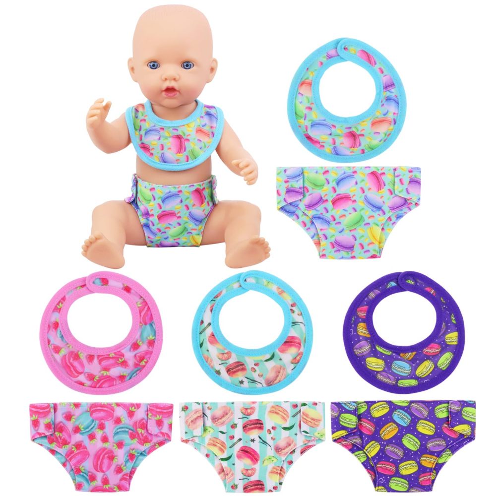 Baby Doll Underwears with Cartoon Macaron Pattern Suit for 14-18 inch Dolls Macaroon Series Diapers and Drool Wipes 4 Sets
