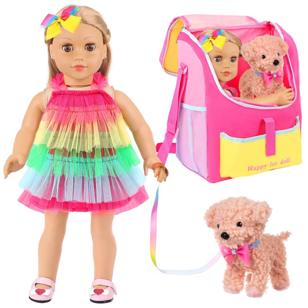 5 Items 18 inch Dolls Bag Carrier Set and Accessories Including 18 Inch Doll Clothes, Shoes, Hairband, Doll Backpack and Toy Dog(NO Doll)