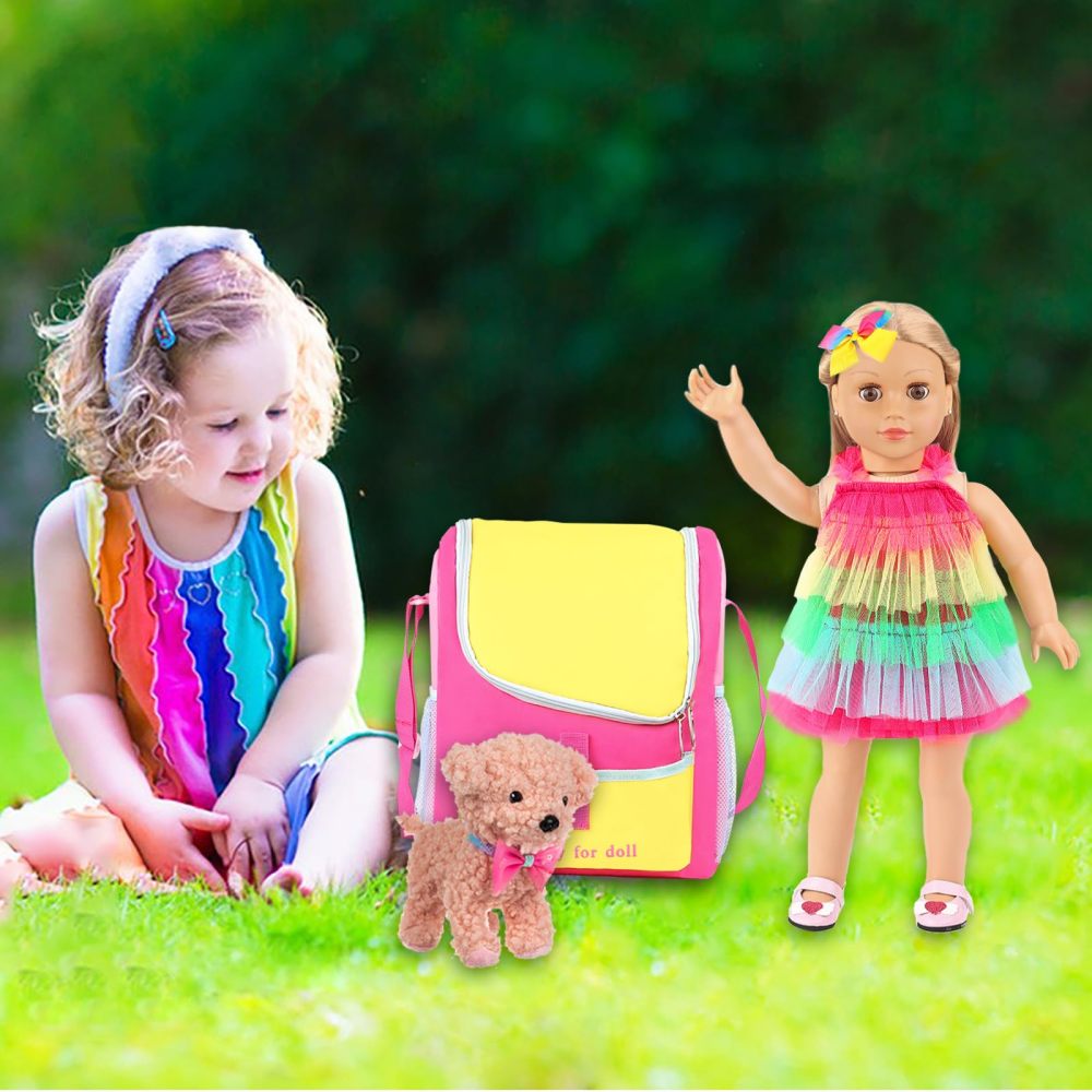 5 Items 18 inch Dolls Bag Carrier Set and Accessories Including 18 Inch Doll Clothes, Shoes, Hairband, Doll Backpack and Toy Dog(NO Doll)