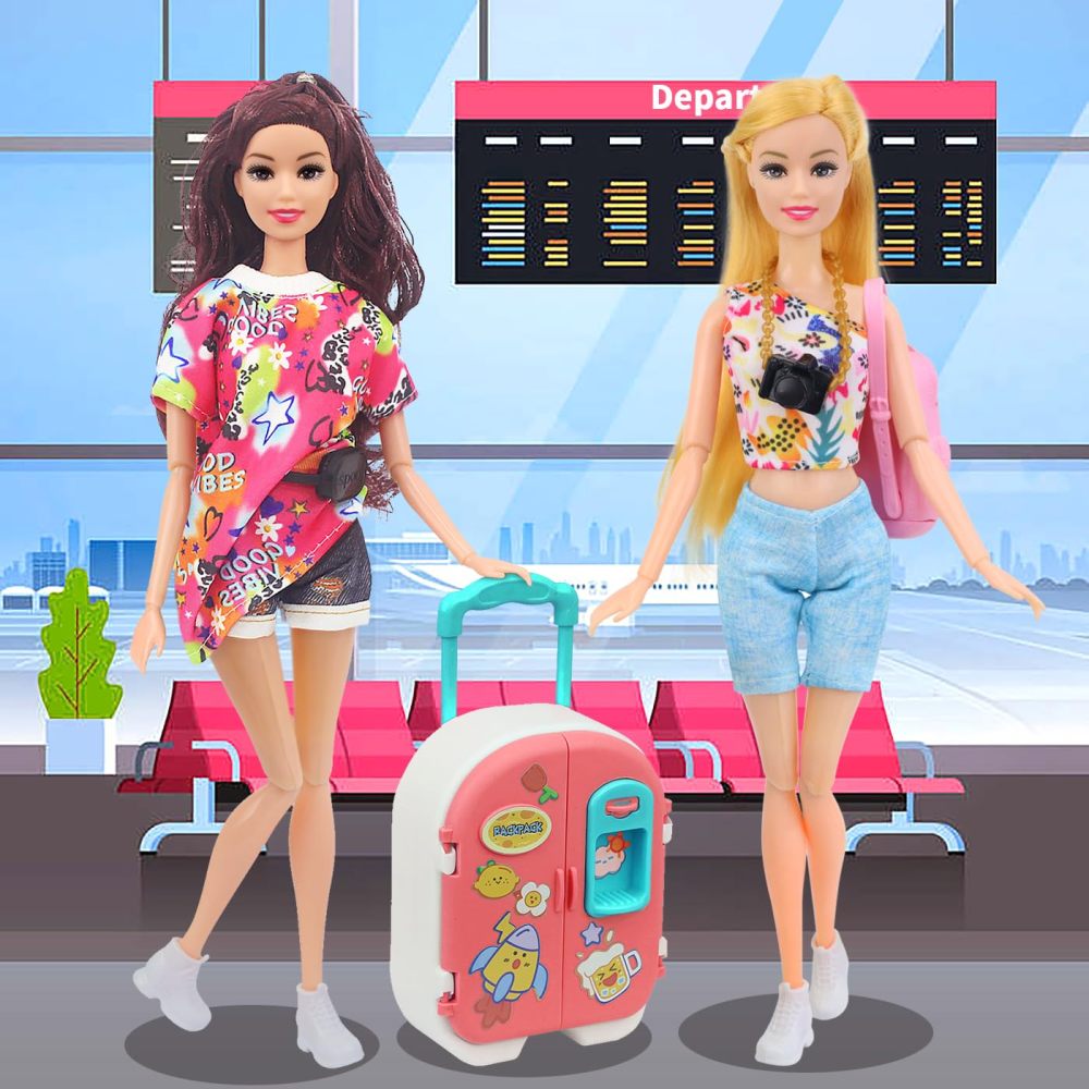 16 Pcs Doll Clothes and Accessories for 11.5 Inch Girl Dolls, Fashion Travel Suitcase Set Including Blue Jean Skirts, Bags, Food Magazines etc (Style B)