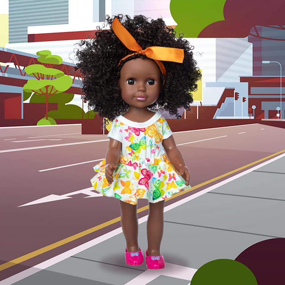 14.5 Inch Black Dolls Baby Girl Doll Clothes Accessories Set African American Washable Realistic Silicone Black Girl Dolls with Cute Dresses Sunglass Camera and Shoes