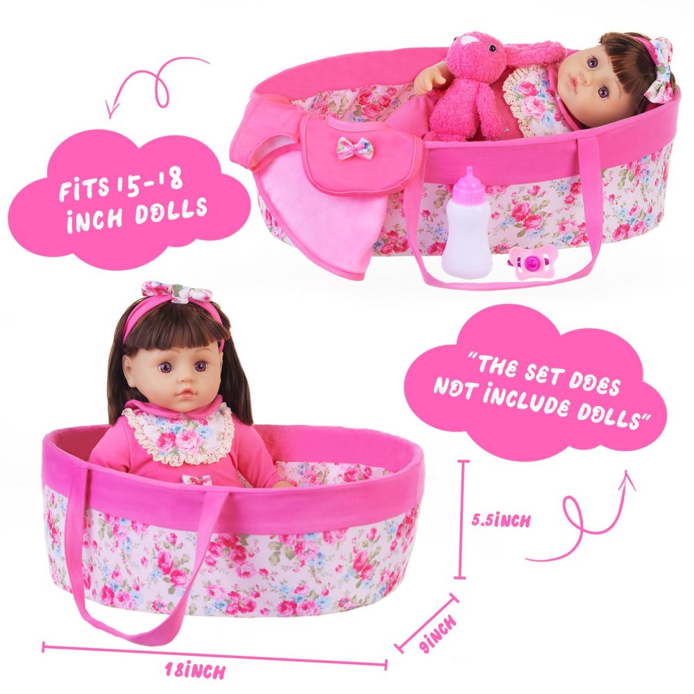 9 Pcs Baby Doll Clothes with Rose Red Floral Design Bassinet for 15-18 Inch Baby Doll, Baby Doll Clothes Outfit Accessories Fit Reborn Doll
