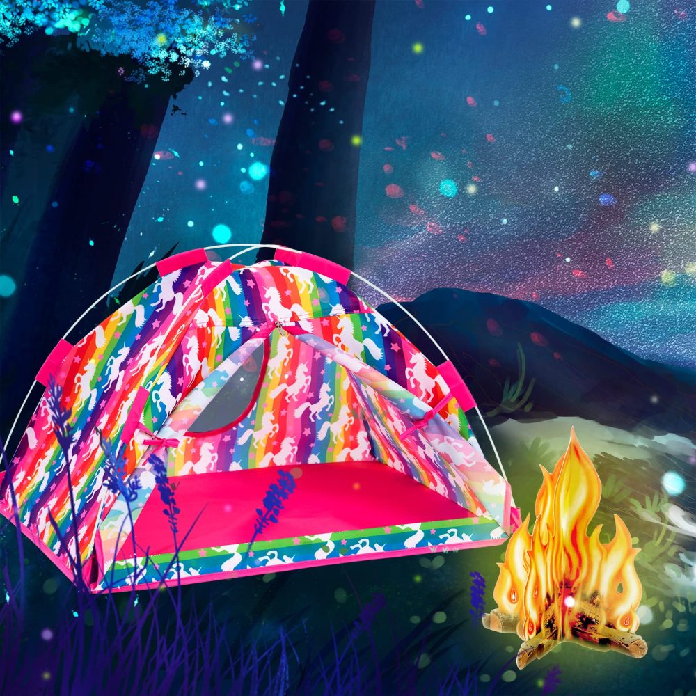 18 inch Girl Unicorn Dolls Camping Tent Set and Accessories Including Chocolate Cookies Chicken Nuggets Paper Campfire Roast Chicken Binoculars etc
