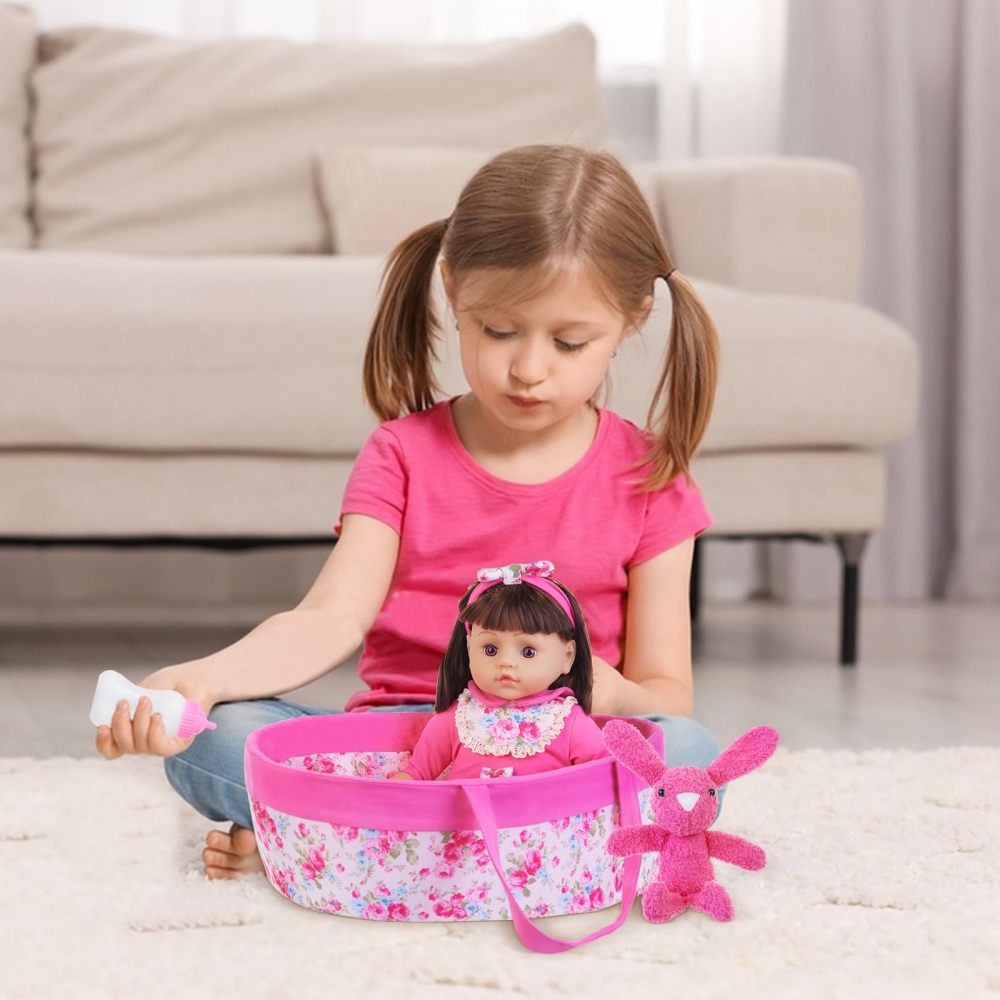 9 Pcs Baby Doll Clothes with Rose Red Floral Design Bassinet for 15-18 Inch Baby Doll, Baby Doll Clothes Outfit Accessories Fit Reborn Doll