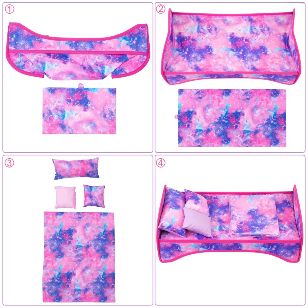 6 Pcs 18 Inch Girl Doll Bed and Accessories Included Doll Bed and Quilt Pillow Throw Pillow Fit for 18 Inch Girl Doll - Best Gift for Your Child