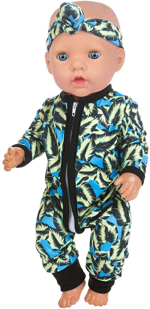 2 Sets Baby Doll Clothes Jumpsuits with 2 Headbands for 14-16 Inch Baby Doll Onesie, 43cm New Baby Doll, 15 Inch Baby Doll and 18 Inch Girl Doll Onesie Outfits