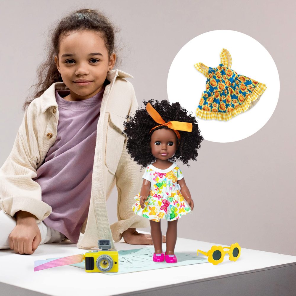 14.5 Inch Black Dolls Baby Girl Doll Clothes Accessories Set African American Washable Realistic Silicone Black Girl Dolls with Cute Dresses Sunglass Camera and Shoes