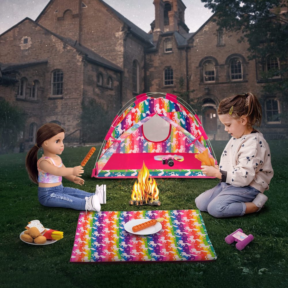 18 inch Girl Unicorn Dolls Camping Tent Set and Accessories Including Chocolate Cookies Chicken Nuggets Paper Campfire Roast Chicken Binoculars etc