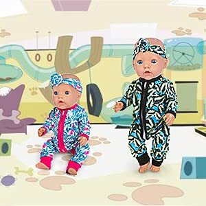 2 Sets Baby Doll Clothes Jumpsuits with 2 Headbands for 14-16 Inch Baby Doll Onesie, 43cm New Baby Doll, 15 Inch Baby Doll and 18 Inch Girl Doll Onesie Outfits