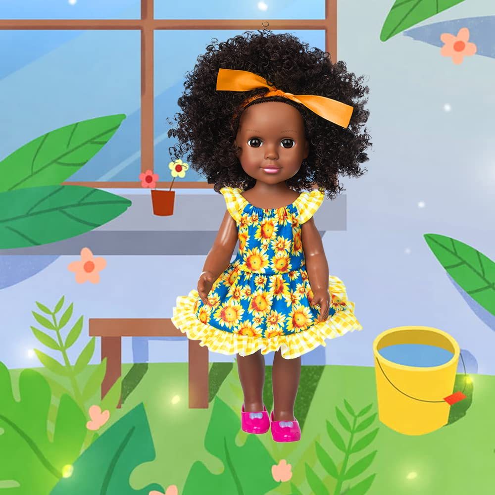 14.5 Inch Black Dolls Baby Girl Doll Clothes Accessories Set African American Washable Realistic Silicone Black Girl Dolls with Cute Dresses Sunglass Camera and Shoes