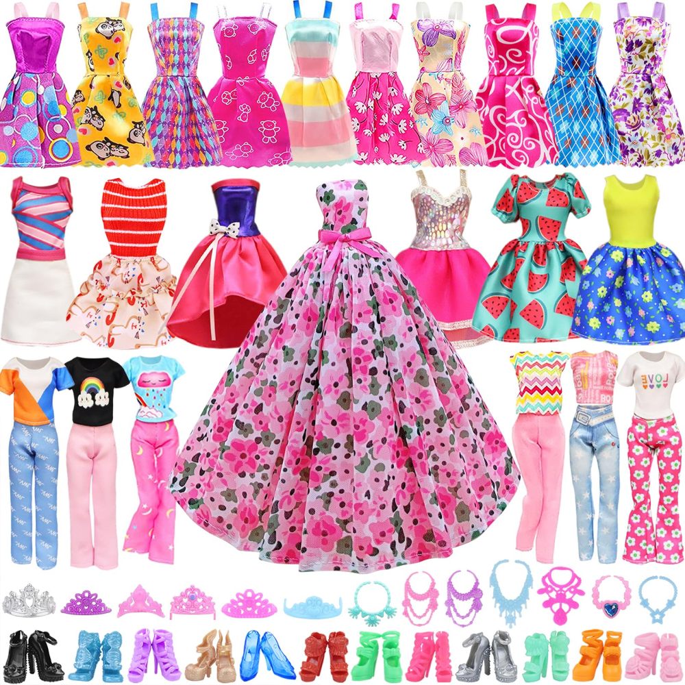 32 Pcs Fashion Outfits for 11.5 inch Dolls,Random Package Doll Clothes and Accessories included 1 Floral Long Dress 3 Skirts 5 Mini Dresses 3 Tops 3 Pants Clothes Set 10 Shoes 5 Necklaces 5 Crowns