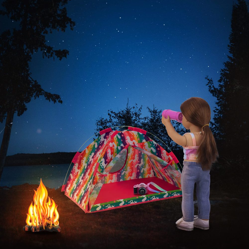 18 inch Girl Unicorn Dolls Camping Tent Set and Accessories Including Chocolate Cookies Chicken Nuggets Paper Campfire Roast Chicken Binoculars etc