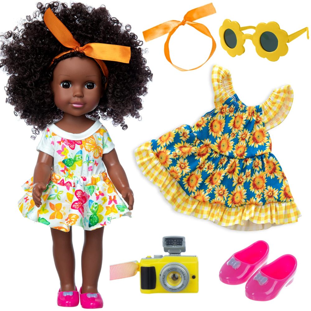 14.5 Inch Black Dolls Baby Girl Doll Clothes Accessories Set African American Washable Realistic Silicone Black Girl Dolls with Cute Dresses Sunglass Camera and Shoes