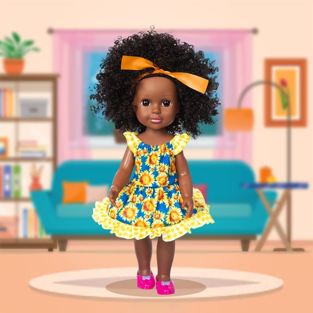 14.5 Inch Black Dolls Baby Girl Doll Clothes Accessories Set African American Washable Realistic Silicone Black Girl Dolls with Cute Dresses Sunglass Camera and Shoes