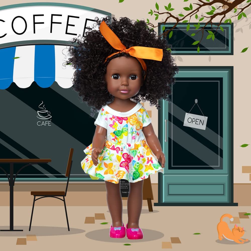 14.5 Inch Black Dolls Baby Girl Doll Clothes Accessories Set African American Washable Realistic Silicone Black Girl Dolls with Cute Dresses Sunglass Camera and Shoes