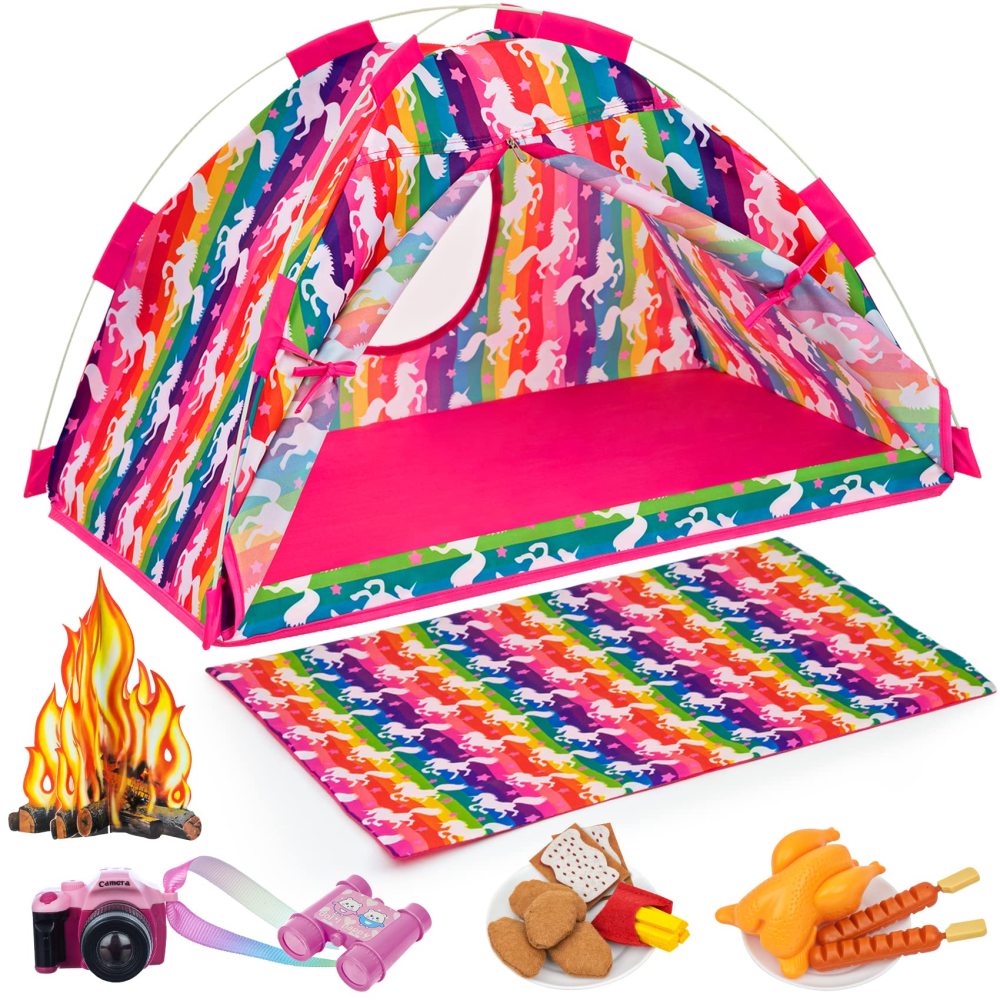 18 inch Girl Unicorn Dolls Camping Tent Set and Accessories Including Chocolate Cookies Chicken Nuggets Paper Campfire Roast Chicken Binoculars etc