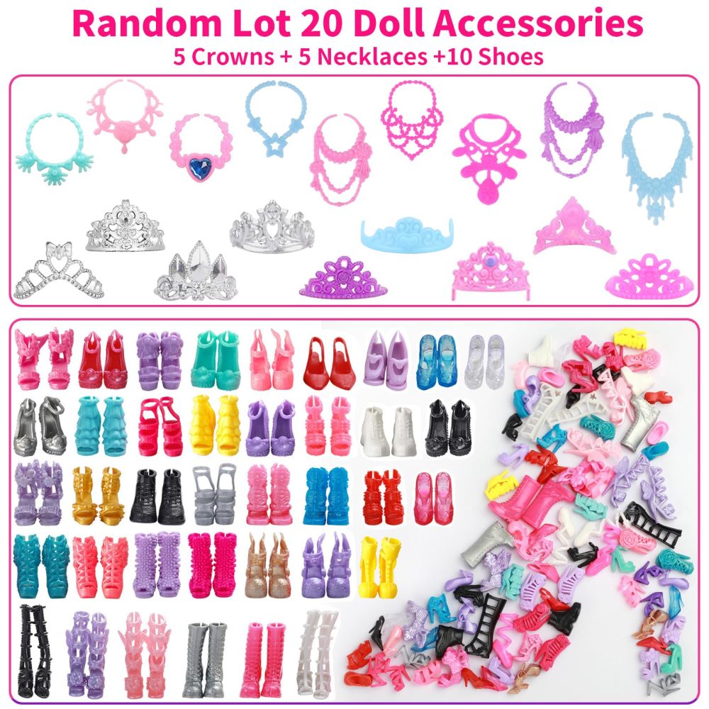 32 Pcs Fashion Outfits for 11.5 inch Dolls,Random Package Doll Clothes and Accessories included 1 Floral Long Dress 3 Skirts 5 Mini Dresses 3 Tops 3 Pants Clothes Set 10 Shoes 5 Necklaces 5 Crowns