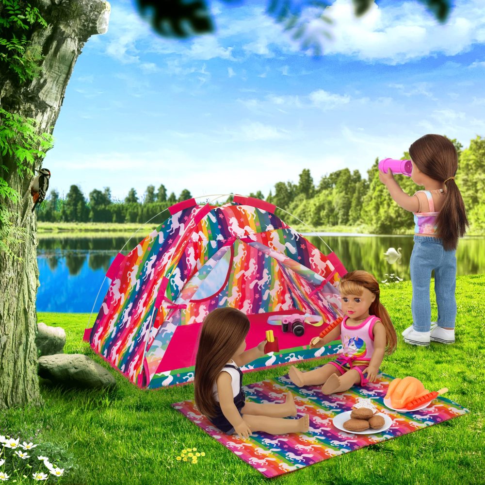 18 inch Girl Unicorn Dolls Camping Tent Set and Accessories Including Chocolate Cookies Chicken Nuggets Paper Campfire Roast Chicken Binoculars etc