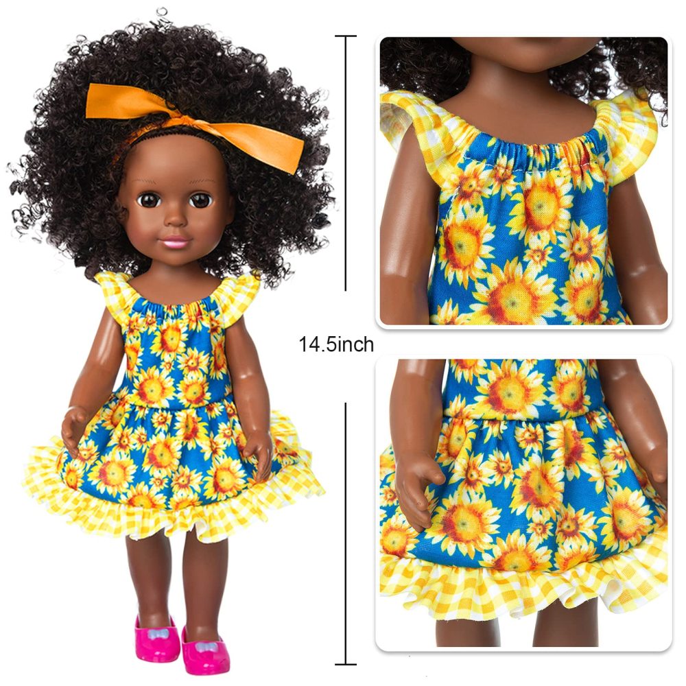 14.5 Inch Black Dolls Baby Girl Doll Clothes Accessories Set African American Washable Realistic Silicone Black Girl Dolls with Cute Dresses Sunglass Camera and Shoes