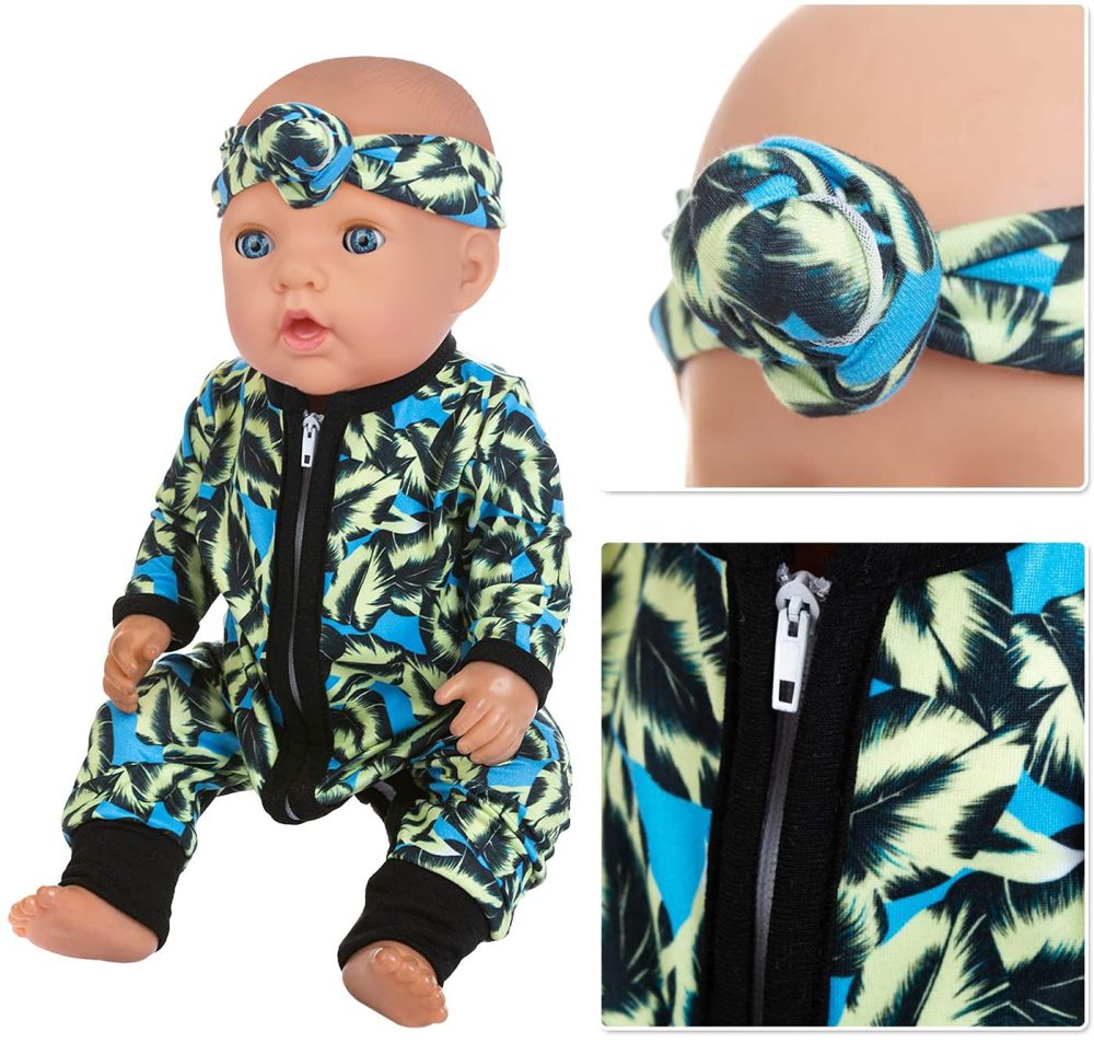 2 Sets Baby Doll Clothes Jumpsuits with 2 Headbands for 14-16 Inch Baby Doll Onesie, 43cm New Baby Doll, 15 Inch Baby Doll and 18 Inch Girl Doll Onesie Outfits
